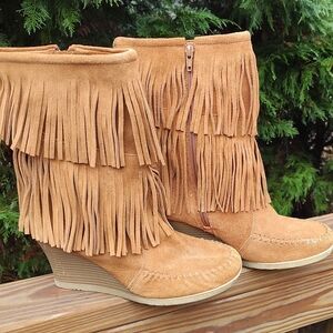 Minnetonka Brown Suede 2-Layer Fringe Mocassin Boots Sz 9.5